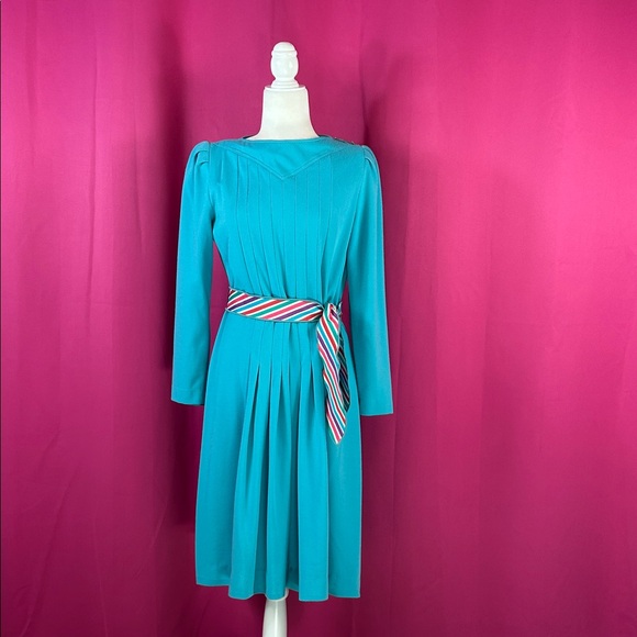 Vintage 70s 80s Leslie Fay long sleeved drop waist belted midi dress, 12 - Picture 1 of 8